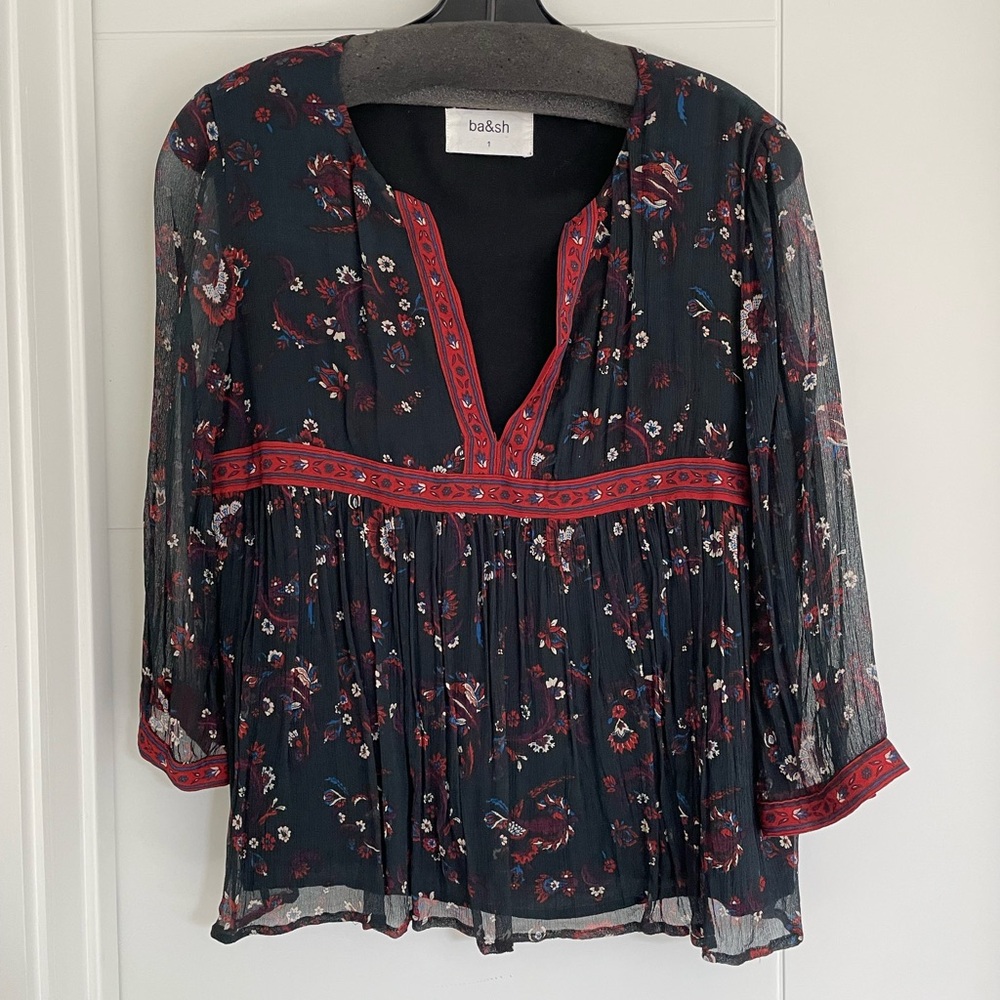 ba&sh Black Sheer Floral Peasant Blouse with Red Trim